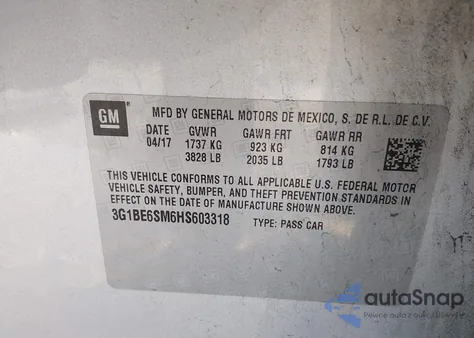 2017 Chevrolet Cruze Lt Auto from USA, damaged, VIN 3G1BE6SM6HS603318